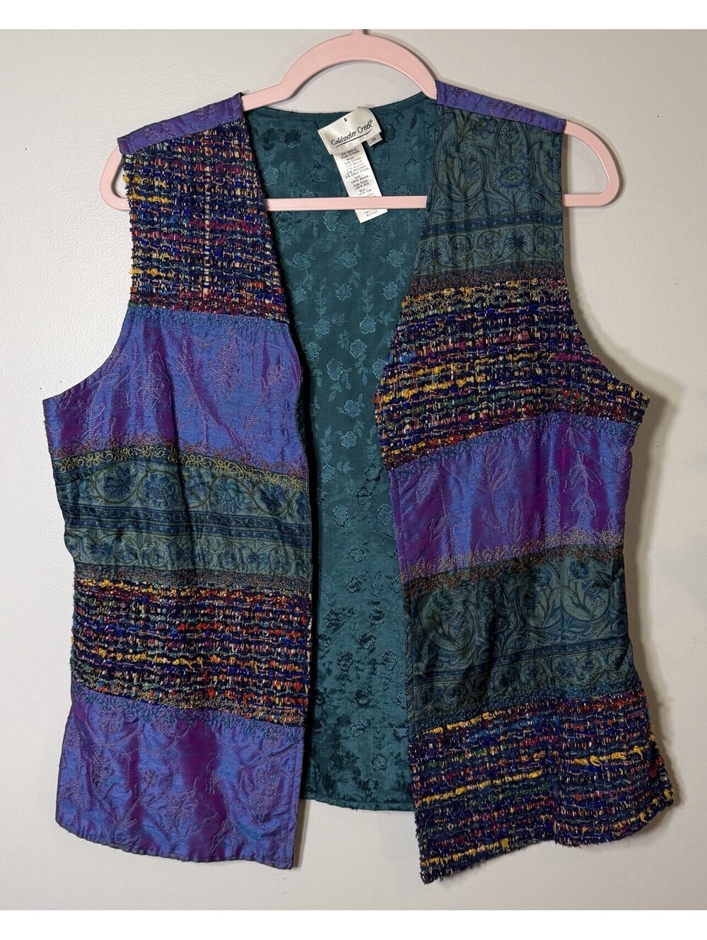 Coldwater Creek Multicolor Artsy Boho Chic Silk Blend Embroidered Open Vest Med